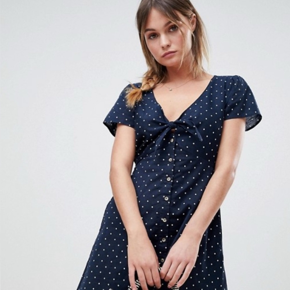 Abercrombie & Fitch Navy & White Polka Dot Button Up Tie Front Mini Dress XSP